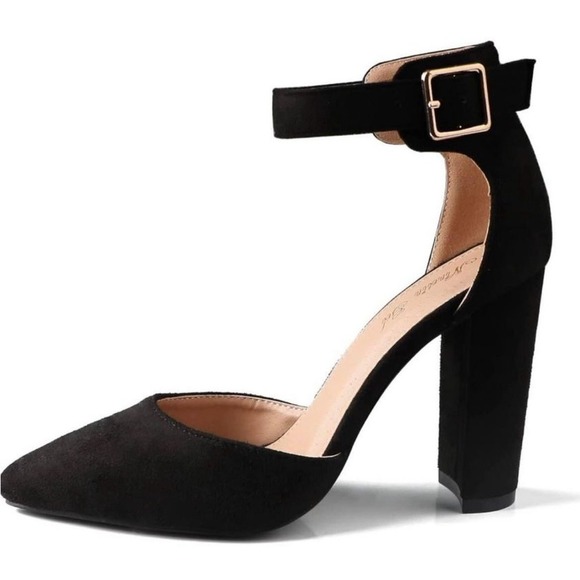 NinetinGel Shoes - NEW Ninetin Gel Sole Black Vegan Suede Ankle Strap Block Heel Size 7.5 Black